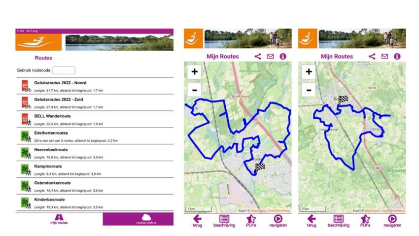 In deze afbeelding staan schermopnamen van de app Routes in Het Groene Woud