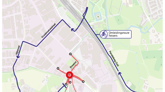 Omleiding fietsers weekendafsluiting rotonde Boseind, klik voor een vergroting
