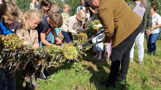 Wethouder van Laarhoven knipt samen met kinderen een versierde wilgentak door, klik voor een vergroting