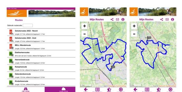 In deze afbeelding staan schermopnamen van de app Routes in Het Groene Woud
