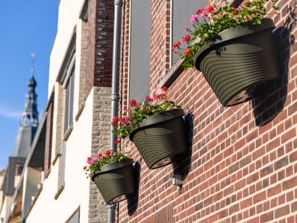 Potten met bloemen aan een gevel